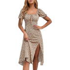 Sprime Women'S Floral Summer Casual Dress Square Neck Puff Sleeve Boho Midi Dresses Ruched Bust High Waist Split Long Dress