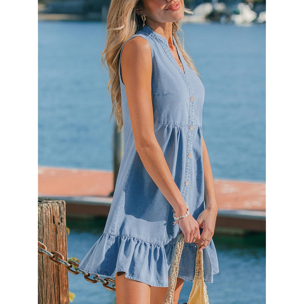 Cupshe Women Summer Dress Notched V Neck Front Button Denim Dress Sleeveless Ruffle Hem Beach Vacation Mini Sun Dress