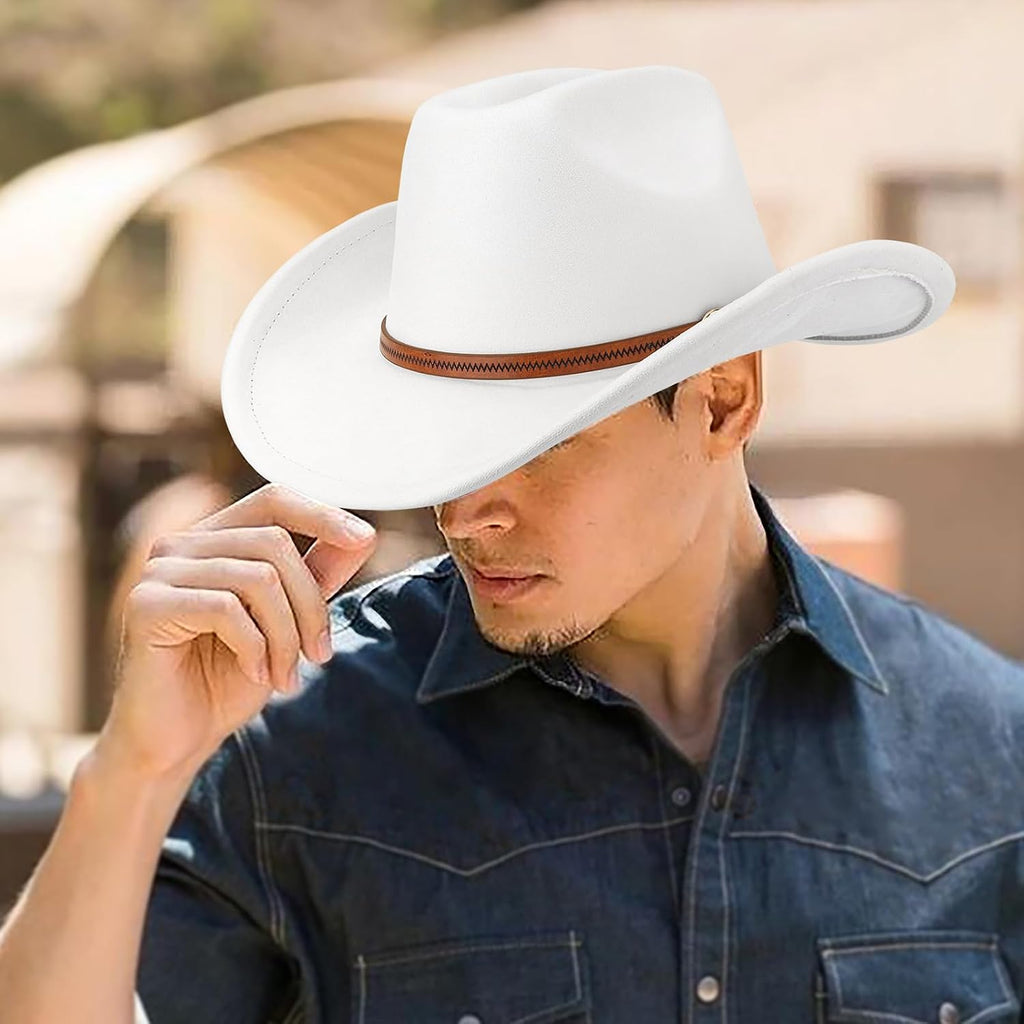 Western Cowboy Hats for Women Classic Felt Wide Brim Fedora Hat with Belt Buckle Retro Panama Hat Unisex Rolled up Cap Suede Cowboy Hats : White