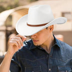 Western Cowboy Hats for Women Classic Felt Wide Brim Fedora Hat with Belt Buckle Retro Panama Hat Unisex Rolled up Cap Suede Cowboy Hats : White
