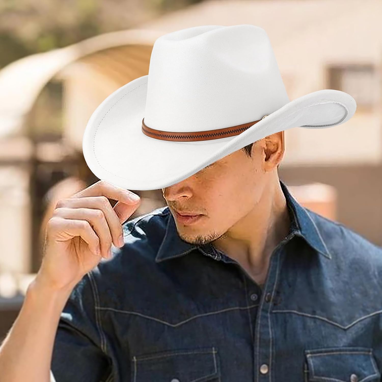 Western Cowboy Hats for Women Classic Felt Wide Brim Fedora Hat with Belt Buckle Retro Panama Hat Unisex Rolled up Cap Suede Cowboy Hats : White