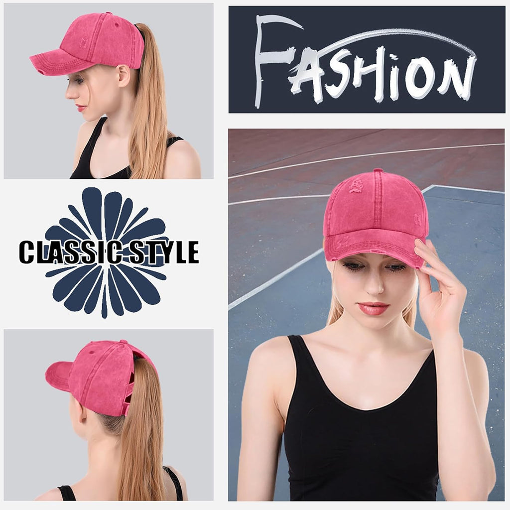 Enwokran Women Ponytail Hat Baseball Cap, Adjustable Criss Cross Messy Buns Ponycaps High Bun Cotton Distressed Hats
