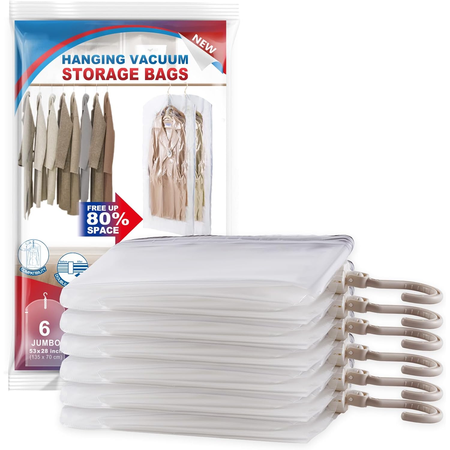 Hanging Vacuum Storage Bags, 6 Pack Large Hanging Vacuum Seal Garment Bags For Clothing, Space Saver For Clothes, Suits, Dresses, Jackets, Clothing Storage For Moving Supplies(6 Long)