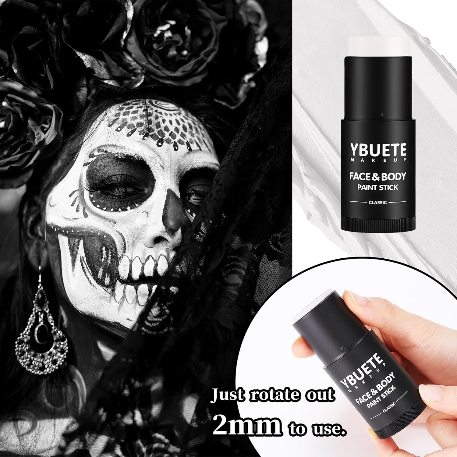 YBUETE White Face Body Painting Stick, Professional Full-coverage Cream White Face Paint for Halloween SFX Skeleton Ghost Zombie Clown Goth Cosplay Makeup, Washable Body Stick for Adult Costume Party