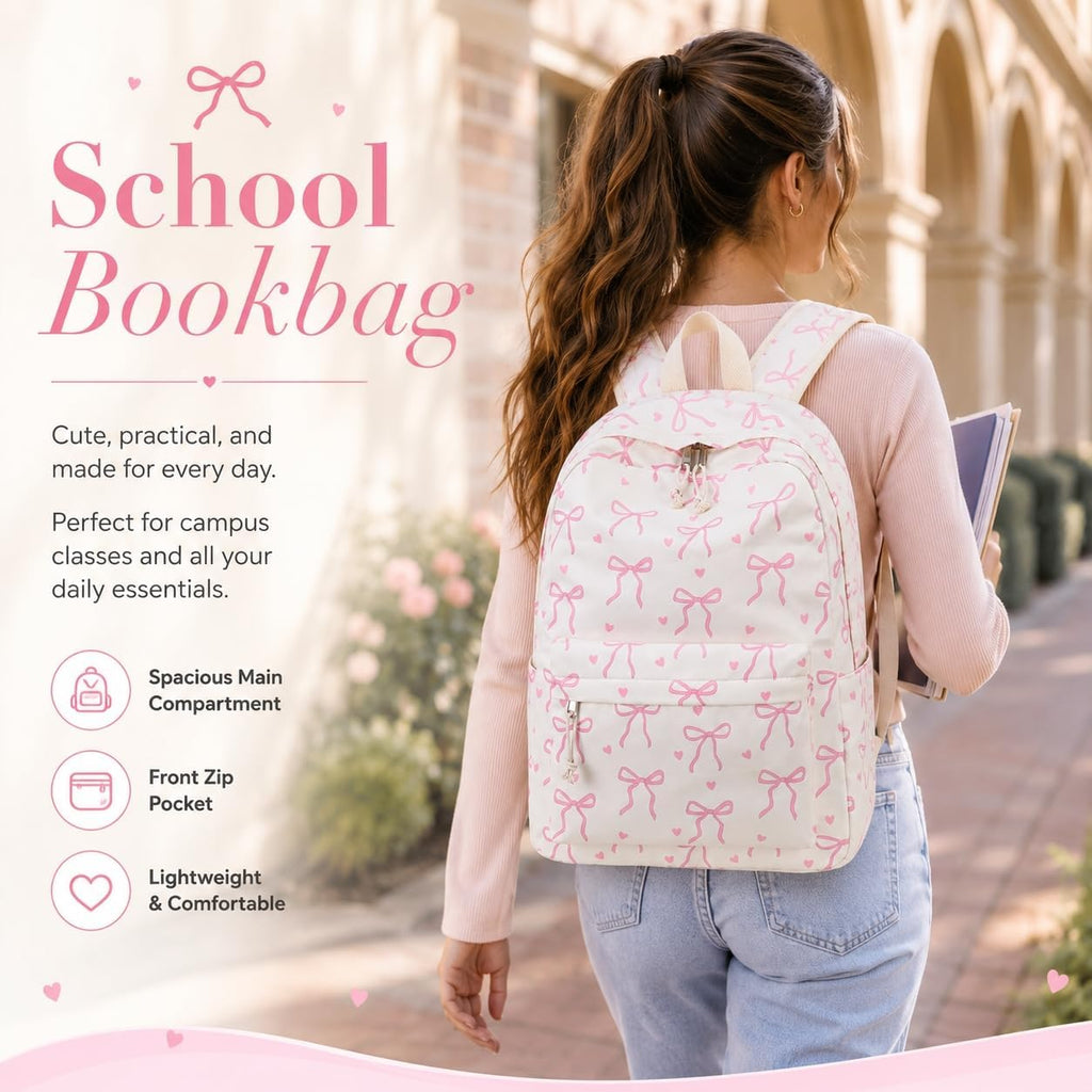 Backpack For Girls School Backpacks Bookbags For Elementary Middle School Women Laptop Backpacks (Bow Tie Beige, L-17)