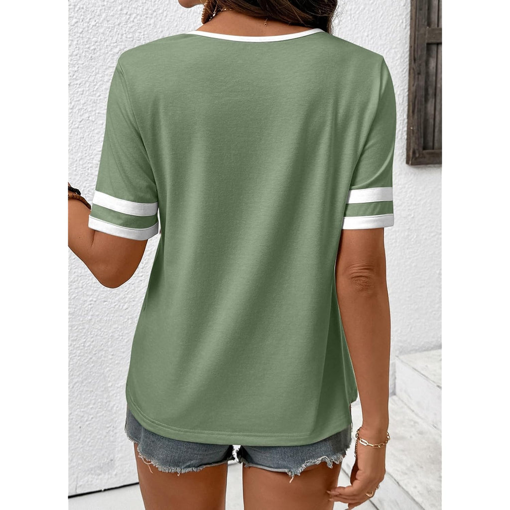 Shewin Women'S Summer Tops Cotton V Neck Short Sleeve T-Shirts Colorblock Casual Tees 2026 Clothes