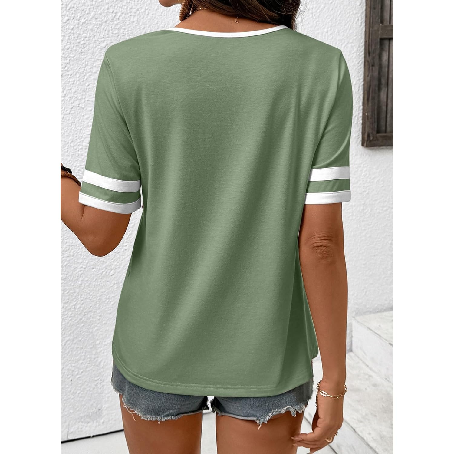Shewin Women'S Summer Tops Cotton V Neck Short Sleeve T-Shirts Colorblock Casual Tees 2026 Clothes
