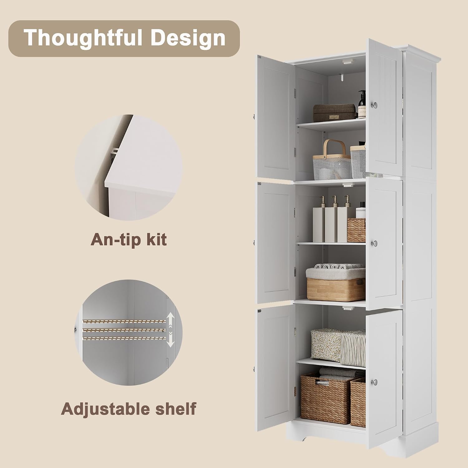 Choochoo 63.2" Tall Bathroom Storage Cabinet With 6 Doors | Freestanding Floor Cabinet, Adjustable Shelves, Pantry Cabinet For Bathroom, Kitchen, Laundry Room, White