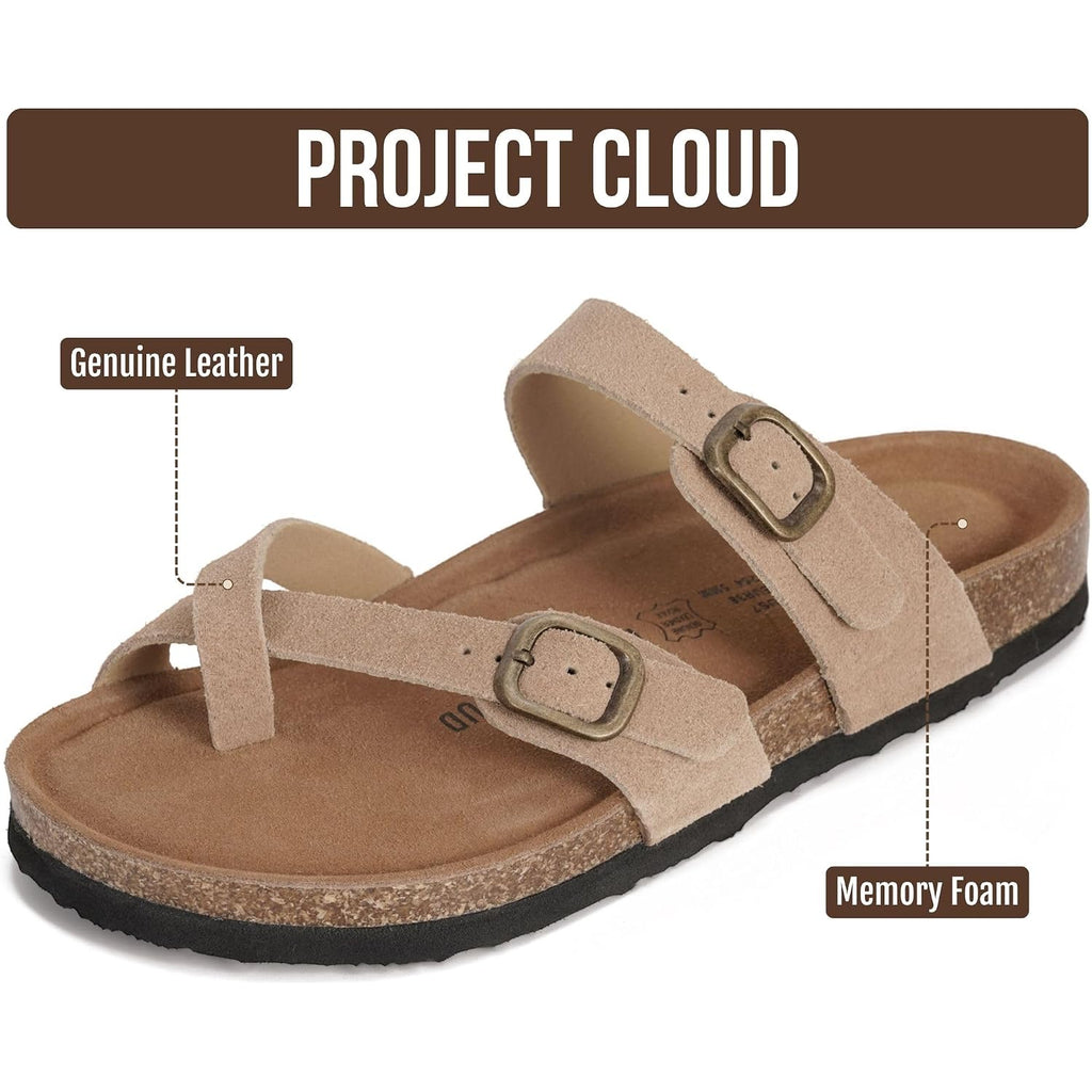 Project Cloud 100% Genuine Leather Womens Sandals -Lightweight Womens Slides Memory Foam Insole & Cork Footbed Sandals Women - Non-Slip Beach Essentials Summer Sandals For Women 2026 (Lian)