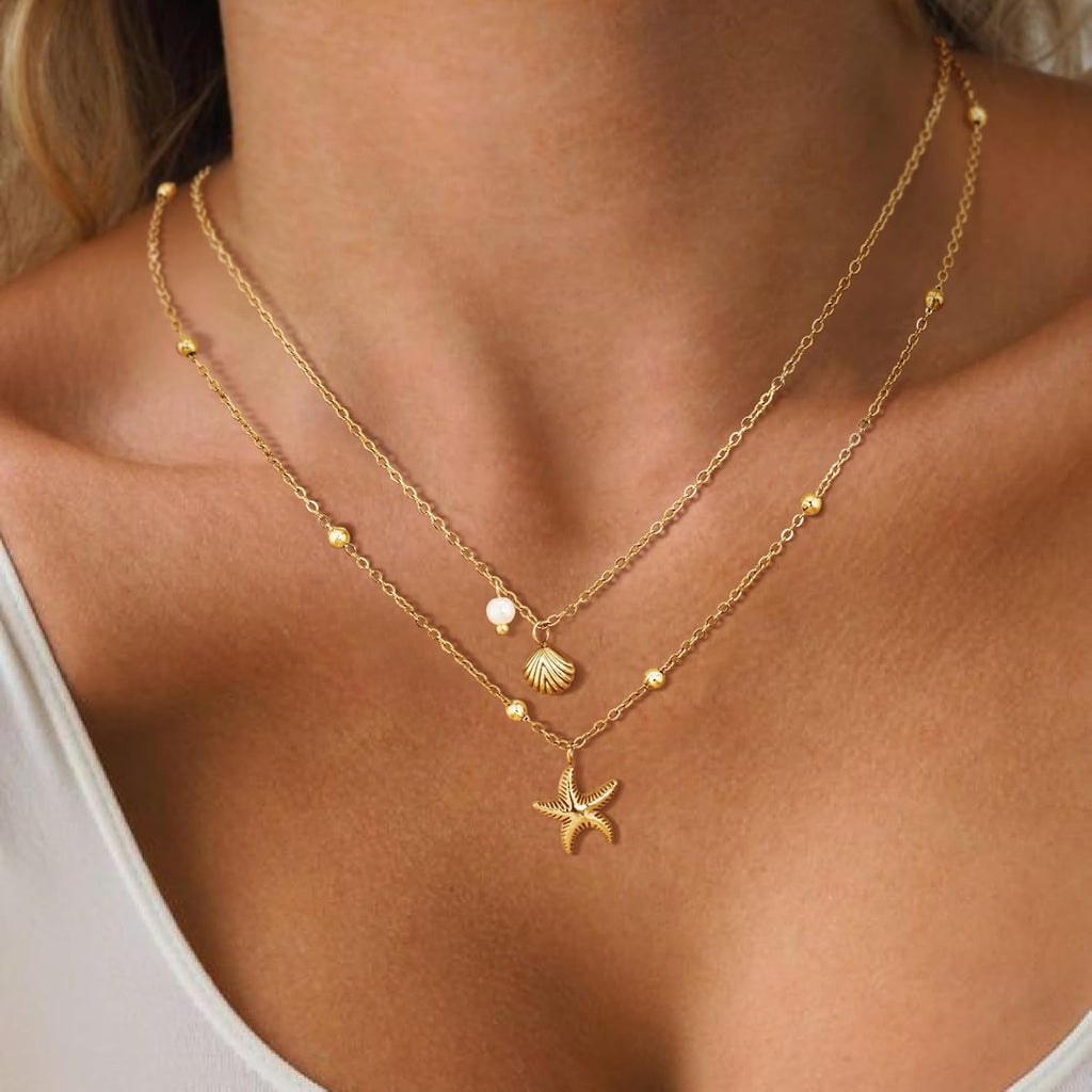 Shell Necklace for Women,14k Gold Plated Layered Starfish Conch SeaShell Pearl Pendant Charm Necklace,Non Tarnish Adjustable Stainless Steel Chain Stack Jewelry for Summer Beach Vacation