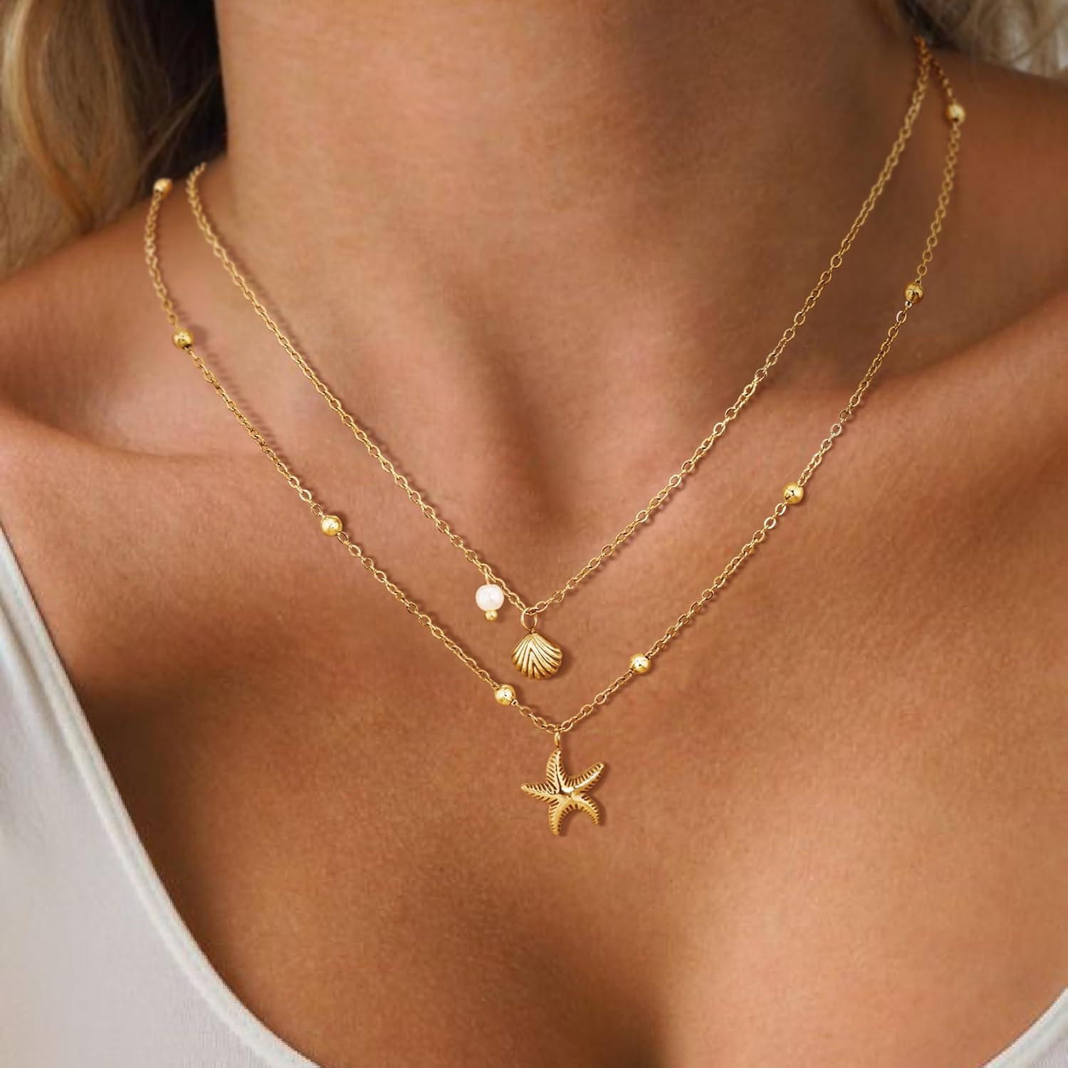 Shell Necklace for Women,14k Gold Plated Layered Starfish Conch SeaShell Pearl Pendant Charm Necklace,Non Tarnish Adjustable Stainless Steel Chain Stack Jewelry for Summer Beach Vacation