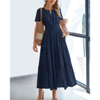 Btfbm Womens Summer 2026 Casual Midi Maxi Dresses Lightweight Short Sleeve V Neck Elastic Waist Boho Beach Dress Pockets