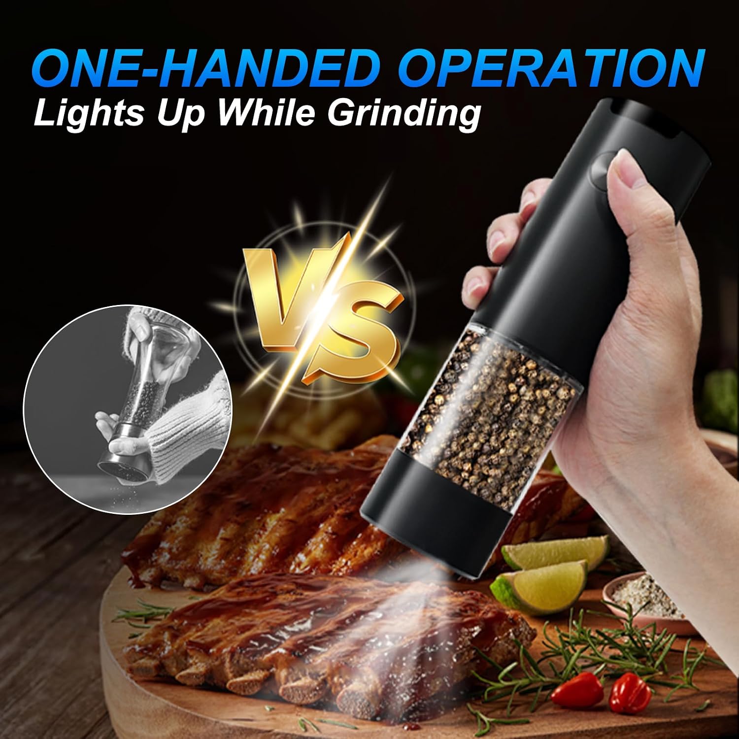 Electric Pepper Or Salt Grinder,Adjustable Coarseness Salt & Pepper Mill,With Led Light,Easy To Clean,Battery Powered,One Handed Operation,Kitchen Essential（1 Pack/Black）