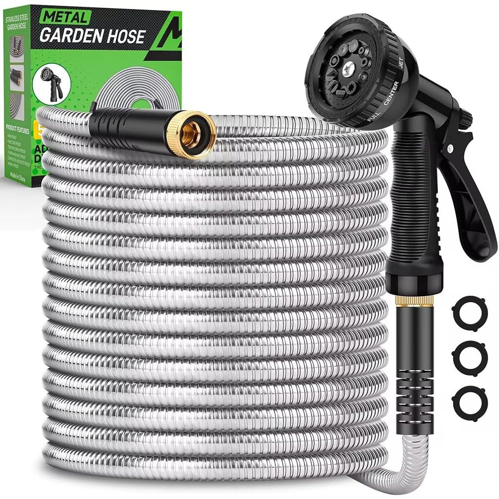 Garden Hose 50Ft, Heavy Duty Stainless Steel Water Hose With 10 Functional Nozzles, No Kink, Lightweight And Flexible, Easy To Use And Store, Strong And Sturdy, Suitable For Yard And Lawn