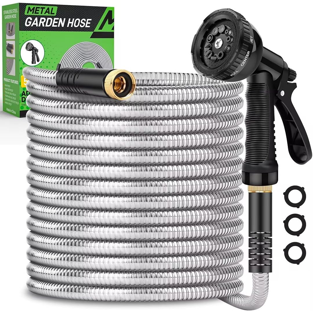 Garden Hose 50Ft, Heavy Duty Stainless Steel Water Hose With 10 Functional Nozzles, No Kink, Lightweight And Flexible, Easy To Use And Store, Strong And Sturdy, Suitable For Yard And Lawn