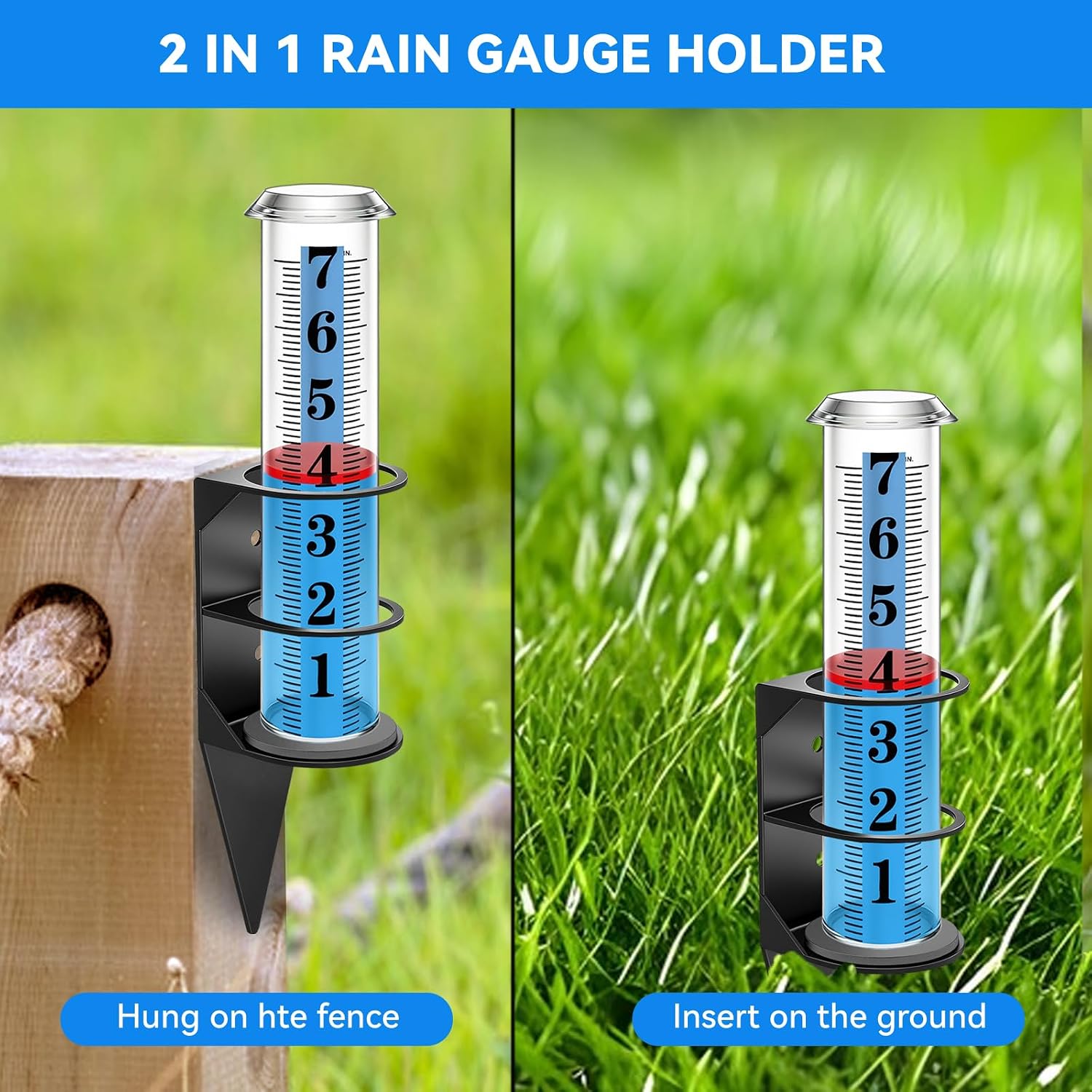 Rain Gauge Outdoor,7" Rain Gauges Outdoors Best Rated With Metal Rack Holder, Rain Measure Gauge, Easy To Read With Red Float, Large Font Plastic Replacement Tube For Yard Garden