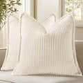 Decoruhome Fall Corduroy Cream White Throw Pillow Covers 18X18 Set Of 2 Decorative Soft Boho Farmhouse Couch Pillow Covers For Living Room Bed Sofa Broadside Striped Pillow Cases