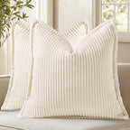 Decoruhome Fall Corduroy Cream White Throw Pillow Covers 18X18 Set Of 2 Decorative Soft Boho Farmhouse Couch Pillow Covers For Living Room Bed Sofa Broadside Striped Pillow Cases