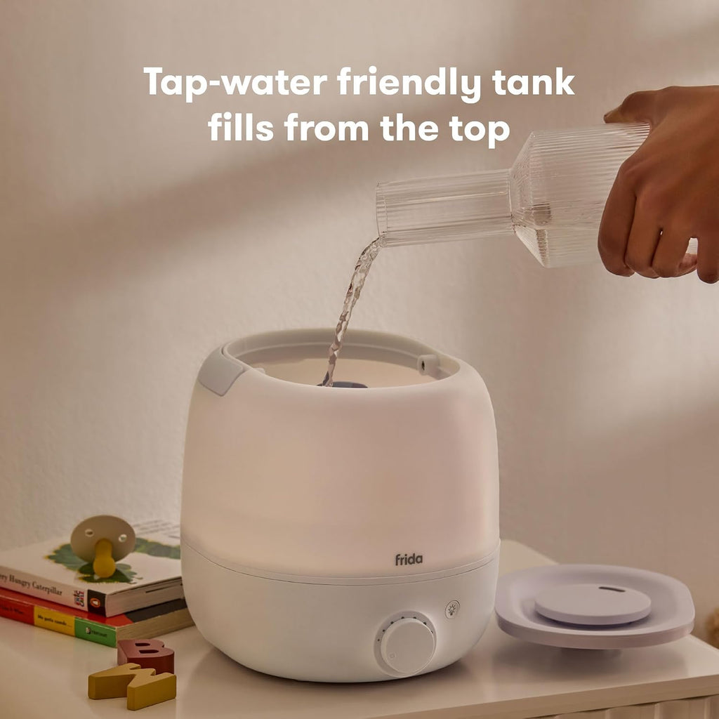 Frida Baby 3-In-1 Cool Mist Humidifier For Large Rooms, Top Fill Humidifier For Bedroom, Allergy Relief, 60 Hour Runtime + Nightlight, Auto Shut-Off, Quiet, Carry Handle, Essential Oil Diffuser