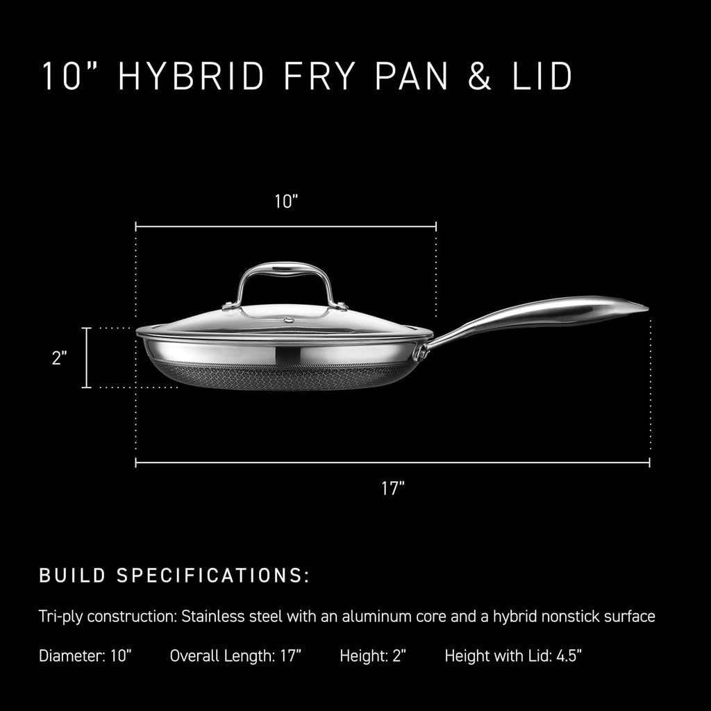 Hexclad 10 Inch Hybrid Nonstick Frying Pan With Lid, Stay-Cool Handle, Dishwasher And Oven Safe, Induction Ready, Frying Pan Skillet Compatible With All Cooktops