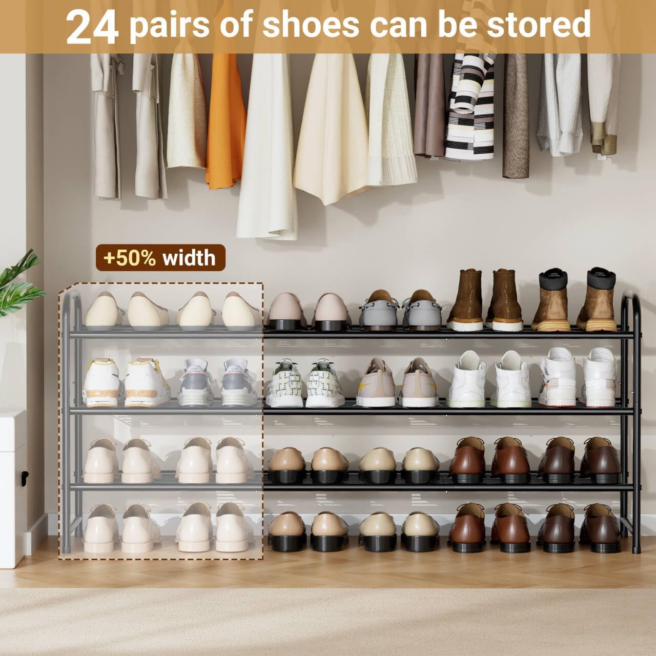 3-Tier Long Shoe Rack For Closet Metal Shoe Organizer For Entryway, Wide Stackable Shoe Storage Shelf With Sturdy Wire Grid For Closet Floor, Bedroom, Black