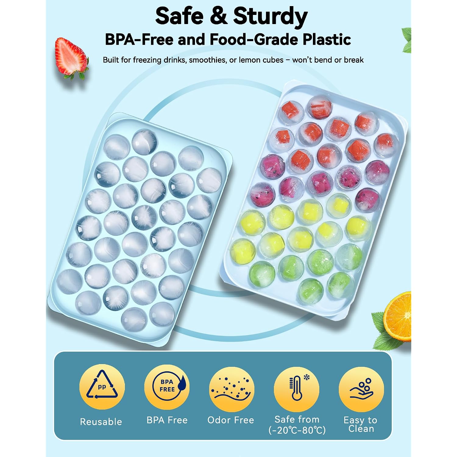 Ice Cube Trays With Lid And Bin, Bpa-Free Mini 0.8 Inch Sphere Ice Molds, 2-Pack Small Round Ice Ball Trays, Easy Release, Includes Scoop & Ice Storage Box For Cocktails, Coffee