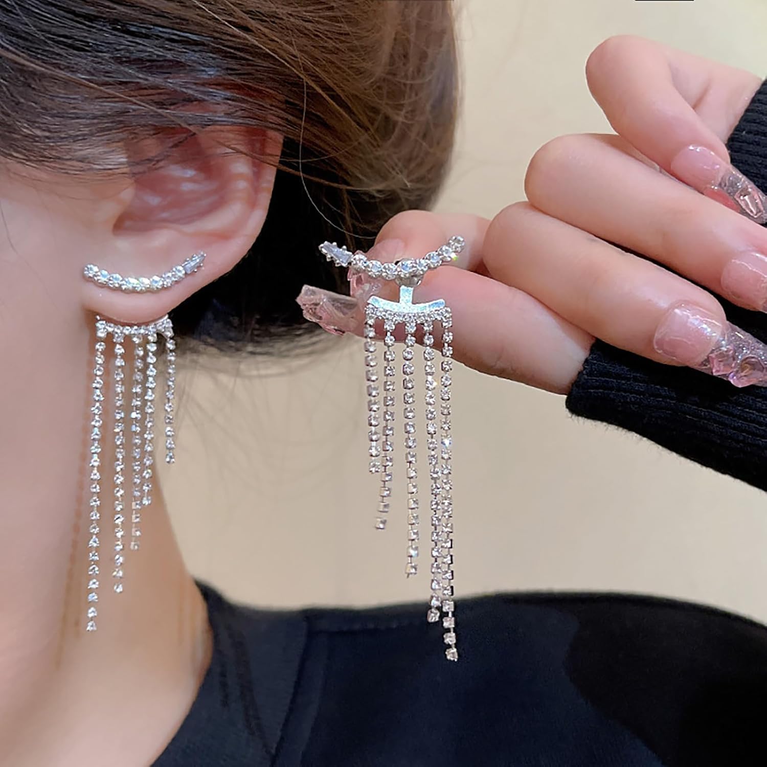 Silver Rhinestone Tassel Earrings for Women Long Tennis Prom Earrings Crystal Chain Dangle Earrings Wedding Party Jewelry (A)