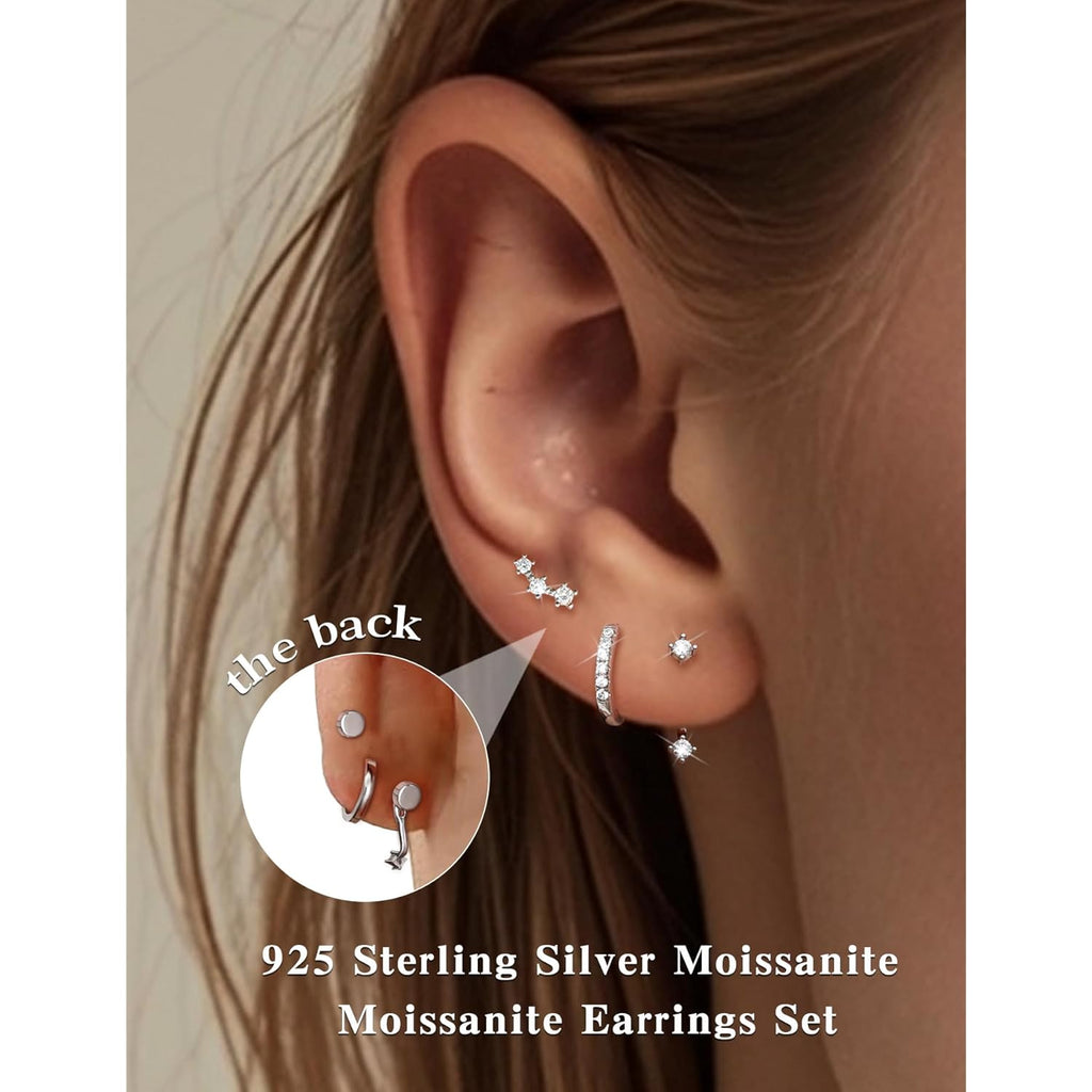 3 Pairs Moissanite Flatback Stud Jacket Stack Earrings Set for Women, 925 Sterling Silver Cartilage Earrings Set, Hypoallergenic Trendy Small Earrings