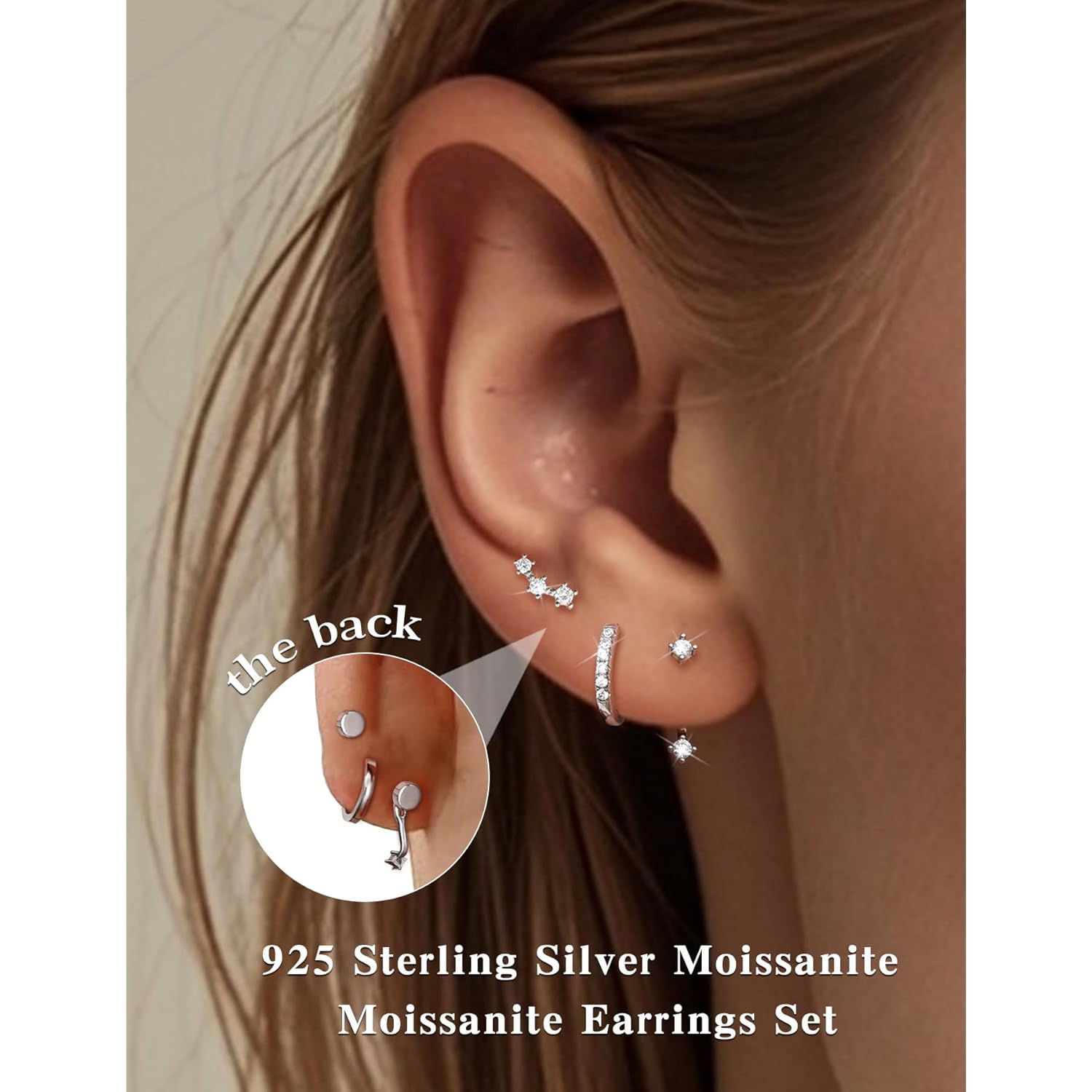 3 Pairs Moissanite Flatback Stud Jacket Stack Earrings Set for Women, 925 Sterling Silver Cartilage Earrings Set, Hypoallergenic Trendy Small Earrings