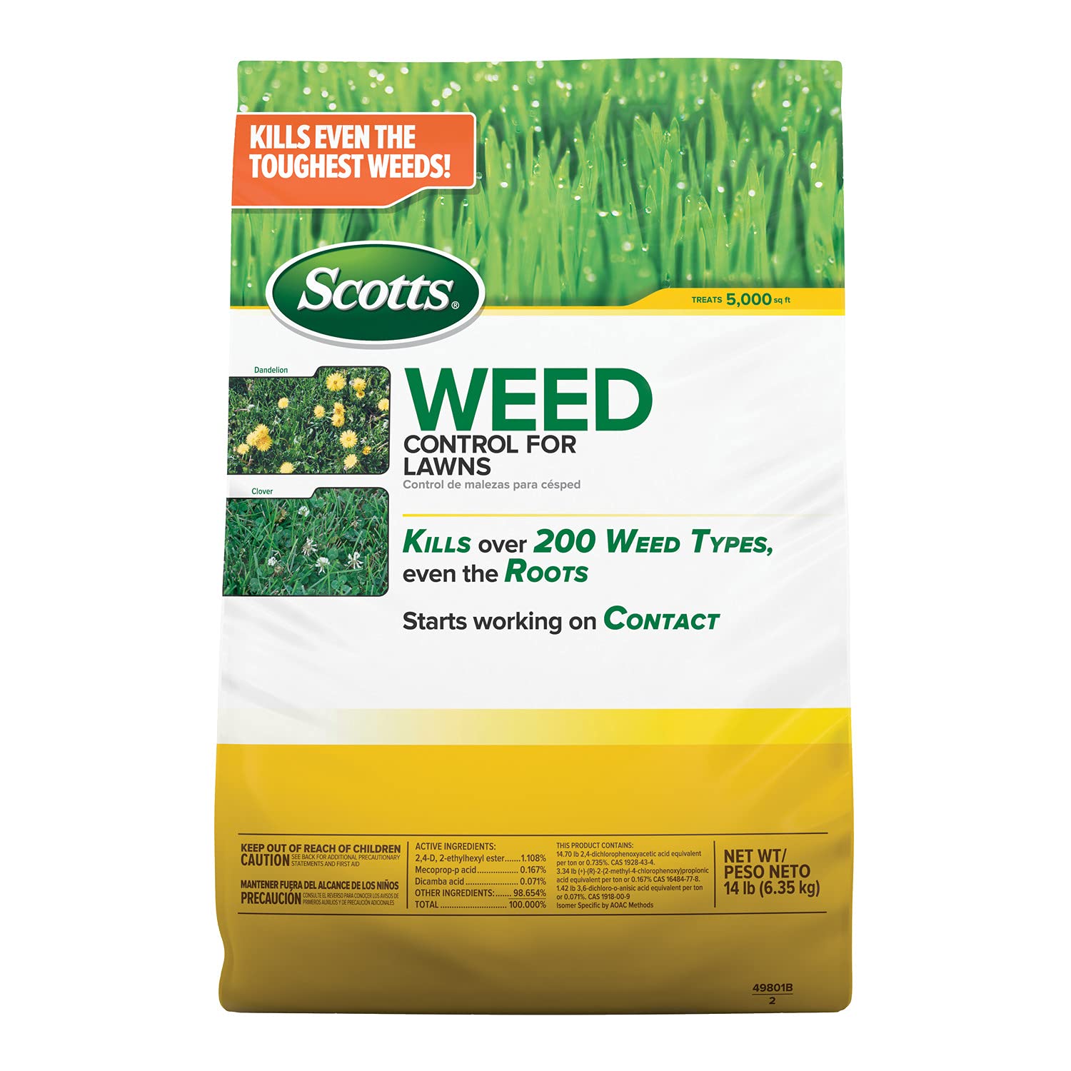 Scotts Weed Control For Lawns, 14 Lbs. | Weed Killer For Lawns, Kills Over 200 Types Including Dandelion And Clover, Covers 5,000 Sq. Ft.