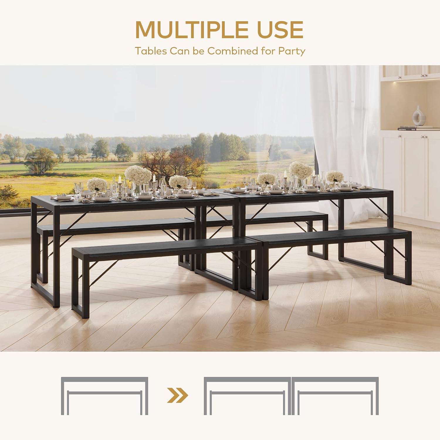 Gizoon 45.5" Dining Table Set For 4 With 2 Benches, Kitchen Table Set With Metal Frame & Mdf Board, Space-Saving Dinette For Kitchen, Dining Room -Black