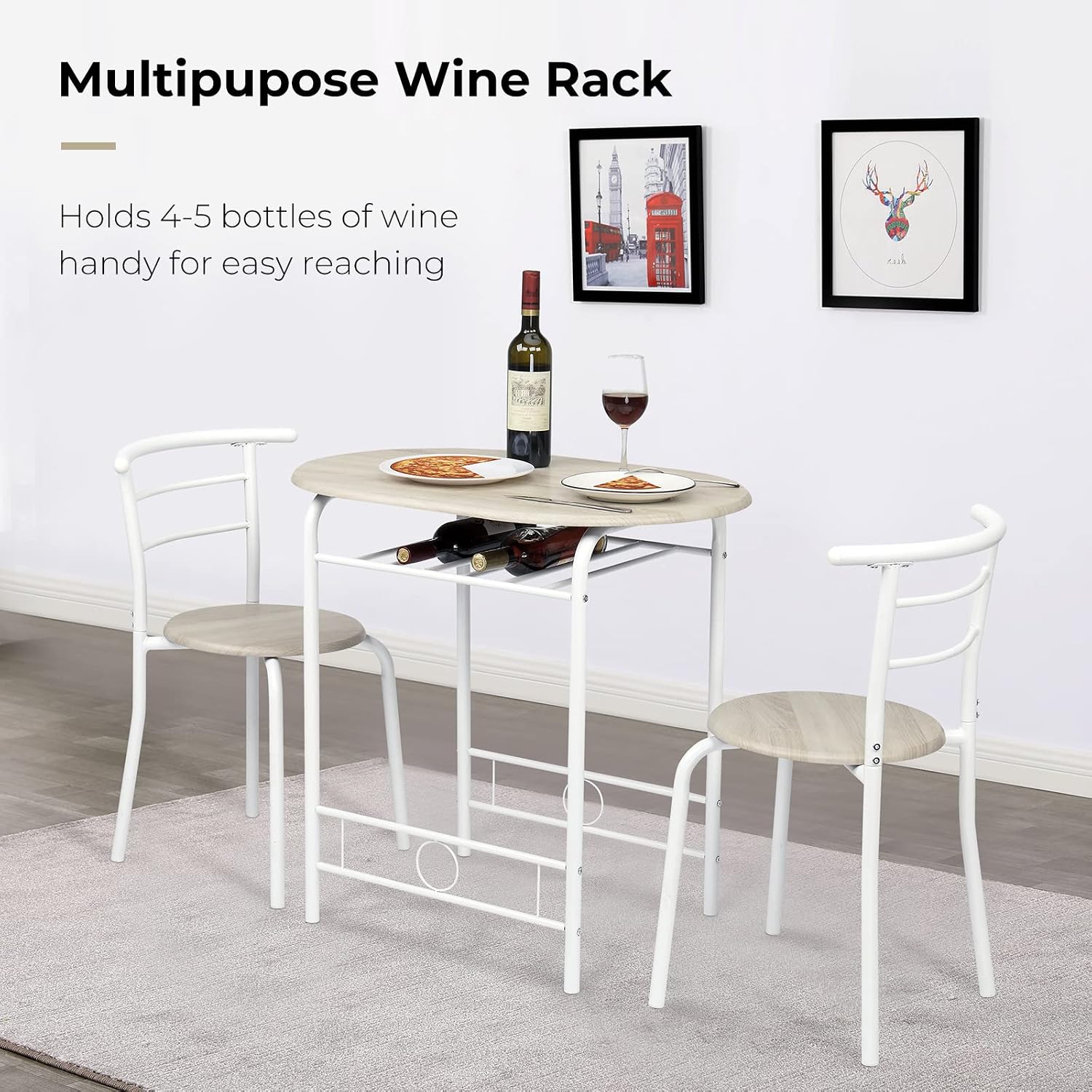 Vingli 3 Piece Dining Set,Small Kitchen Table Set For 2,Breakfast Table Set,Kitchen Wooden Table And 2 Chairs For Small Space/Dining Room/Apartment,Metal Frame,Wine Rack,White&Light Oak