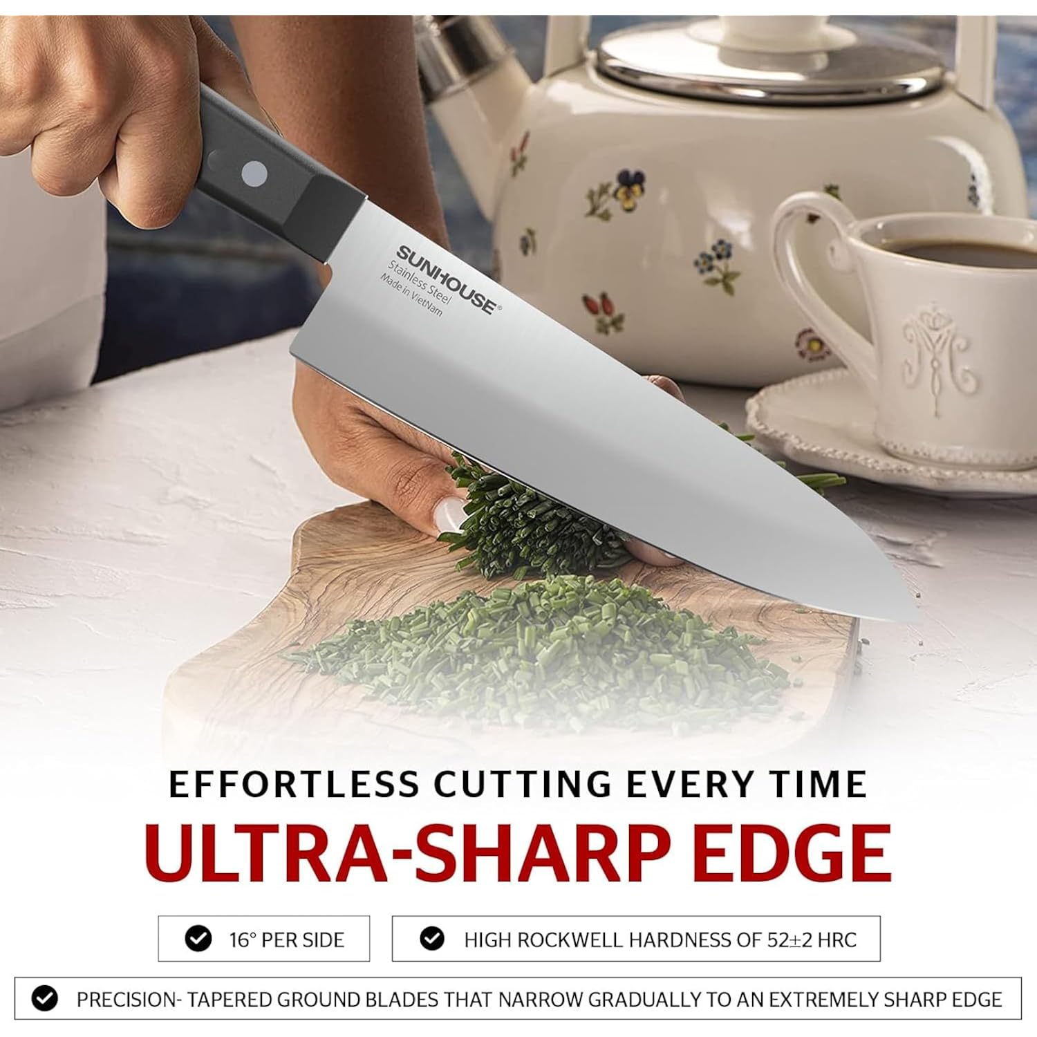 Sunhouse Chef Knife 7.5 Inch Ultra Sharp Kitchen Knife - High Carbon Stainless Steel, Ergonomic Non-Slip Handle, Apartment Essentials, Fathers Day Gift for Dad Husband Him