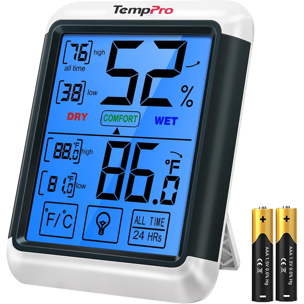 Temppro Tempair Digital Indoor Hygrometer Thermometer With Touchscreen | 4-Inch Temperature/Humidity Monitor With Backlit, Room Thermometer/Humidity Meter For House Home Greenhouse