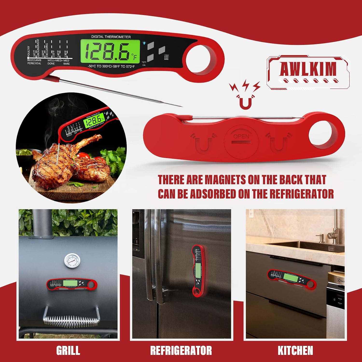 Meat Thermometer Digital, Instant Read Food Thermometer, Red | Waterproof Cooking Thermometer With Doneness Chart, Backlight, F/C Switch For Bbq, Candy, Oil