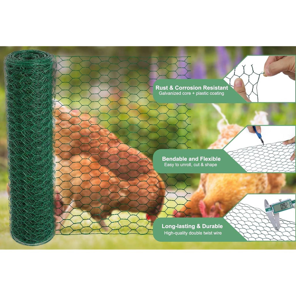 Mklsit Chicken Wire For Floral Arrangements, 15.7 X 157 Inches Green Mesh, 0.6 Inch Hexagonal Galvanized Pvc Coated Netting Fence For Crafts, Poultry, Garden