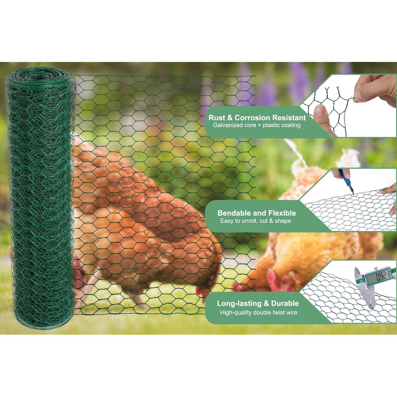Mklsit Chicken Wire For Floral Arrangements, 15.7 X 157 Inches Green Mesh, 0.6 Inch Hexagonal Galvanized Pvc Coated Netting Fence For Crafts, Poultry, Garden