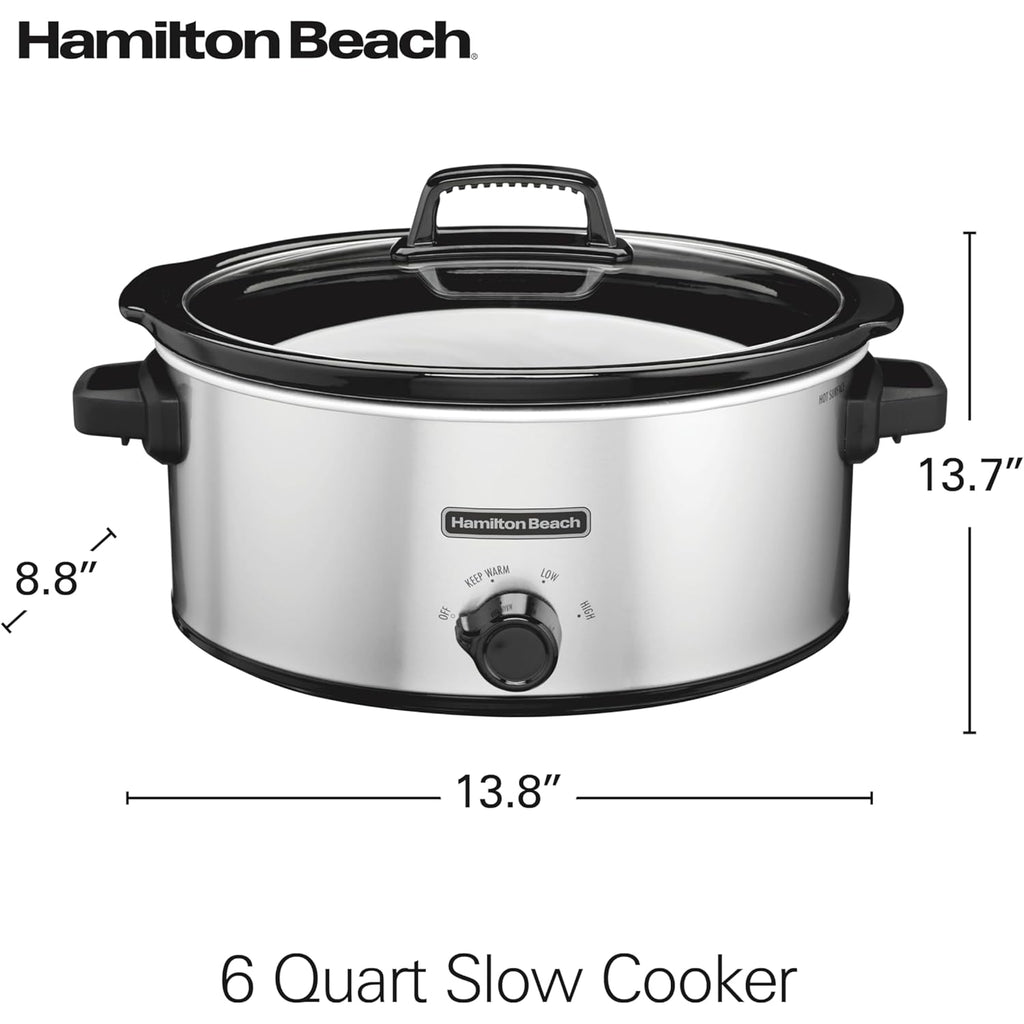 Hamilton Beach 6-Quart Slow Cooker with 3 Cooking Settings, Dishwasher-Safe Stoneware Crock & Glass Lid, Silver (33665G)