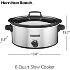 Hamilton Beach 6-Quart Slow Cooker with 3 Cooking Settings, Dishwasher-Safe Stoneware Crock & Glass Lid, Silver (33665G)