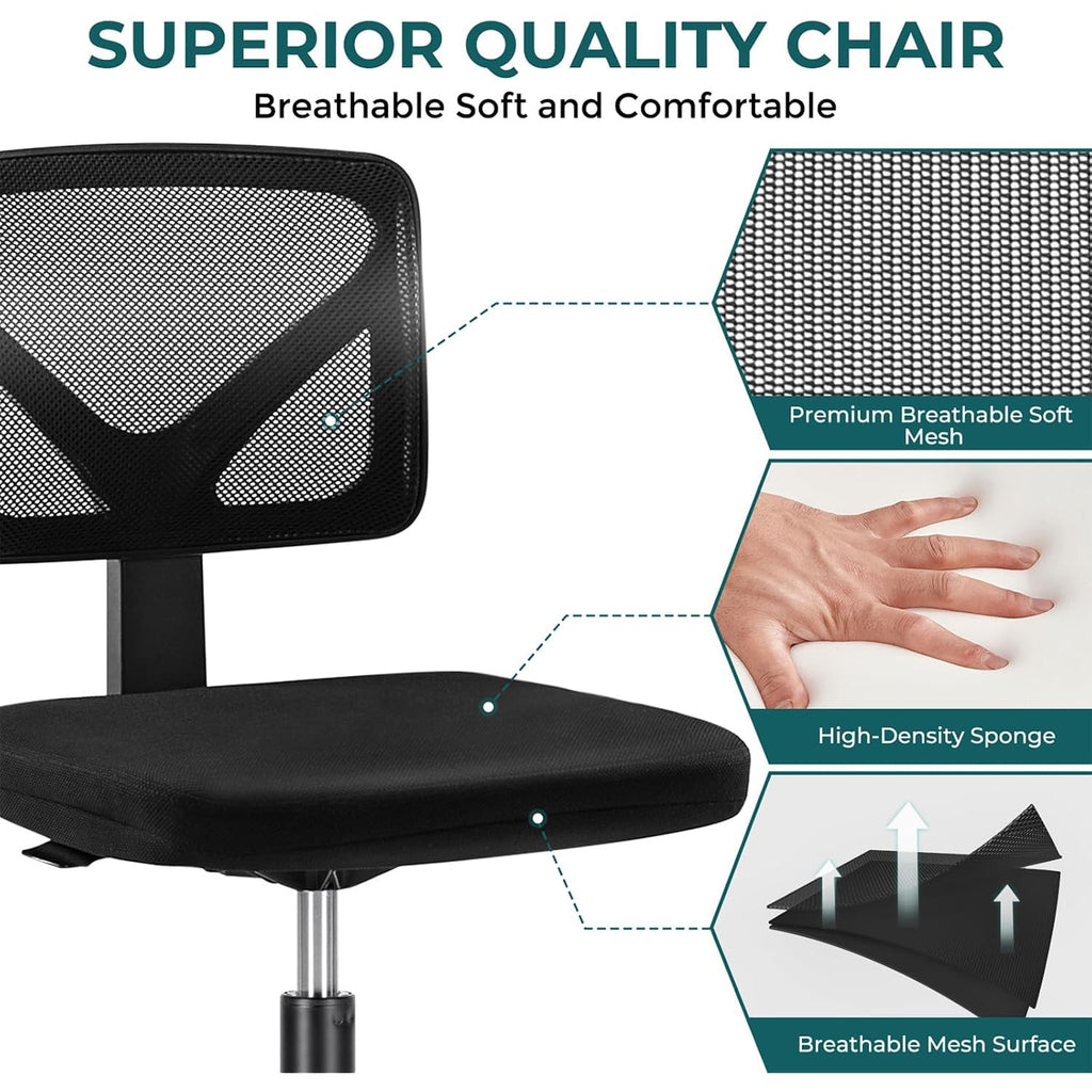 Dumos Small Office Chair Armless, Ergonomic Adjustable Home Office Swivel Rolling Task Chair No Arms, Comfy Mesh Mid Back Computer Work Vanity Desk Chiars With Wheels For Small Spaces, Inky