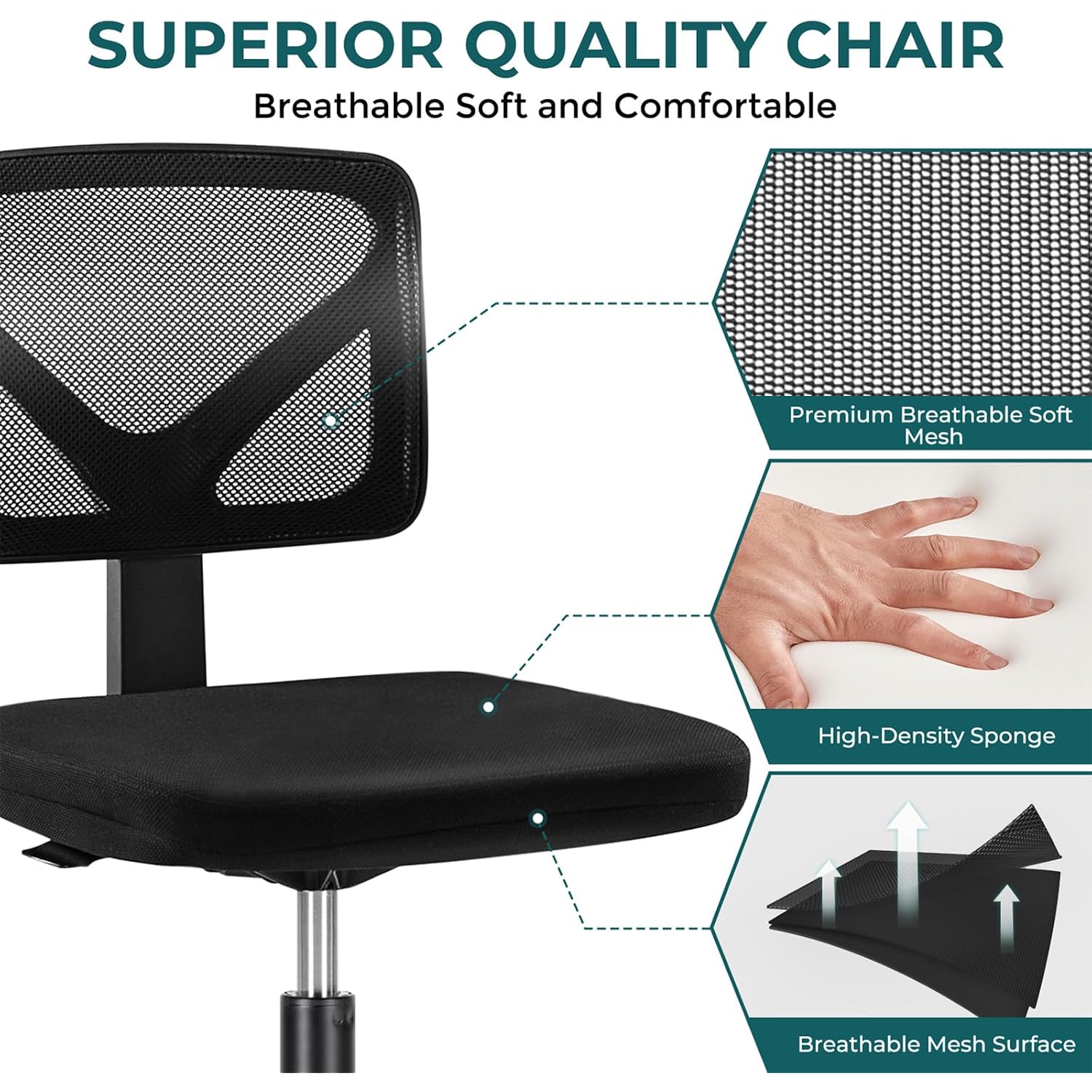 Dumos Small Office Chair Armless, Ergonomic Adjustable Home Office Swivel Rolling Task Chair No Arms, Comfy Mesh Mid Back Computer Work Vanity Desk Chiars With Wheels For Small Spaces, Inky