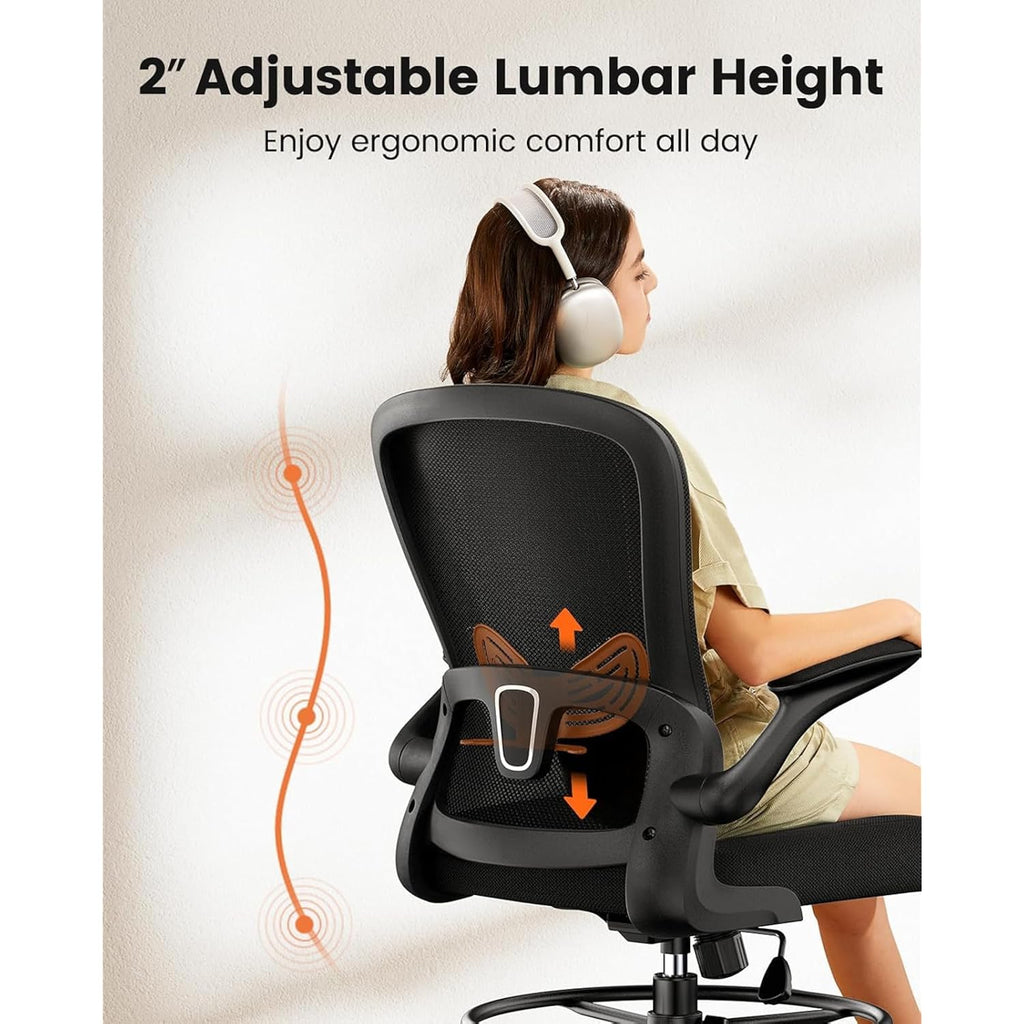 Ergear Drafting Chair, Standing Desk Chair With Flip-Up Armrests, High Desk Chair Adjustable Height, Ergonomic Tall Office Chair With Lumbar Support And Adjustable Footrest Ring