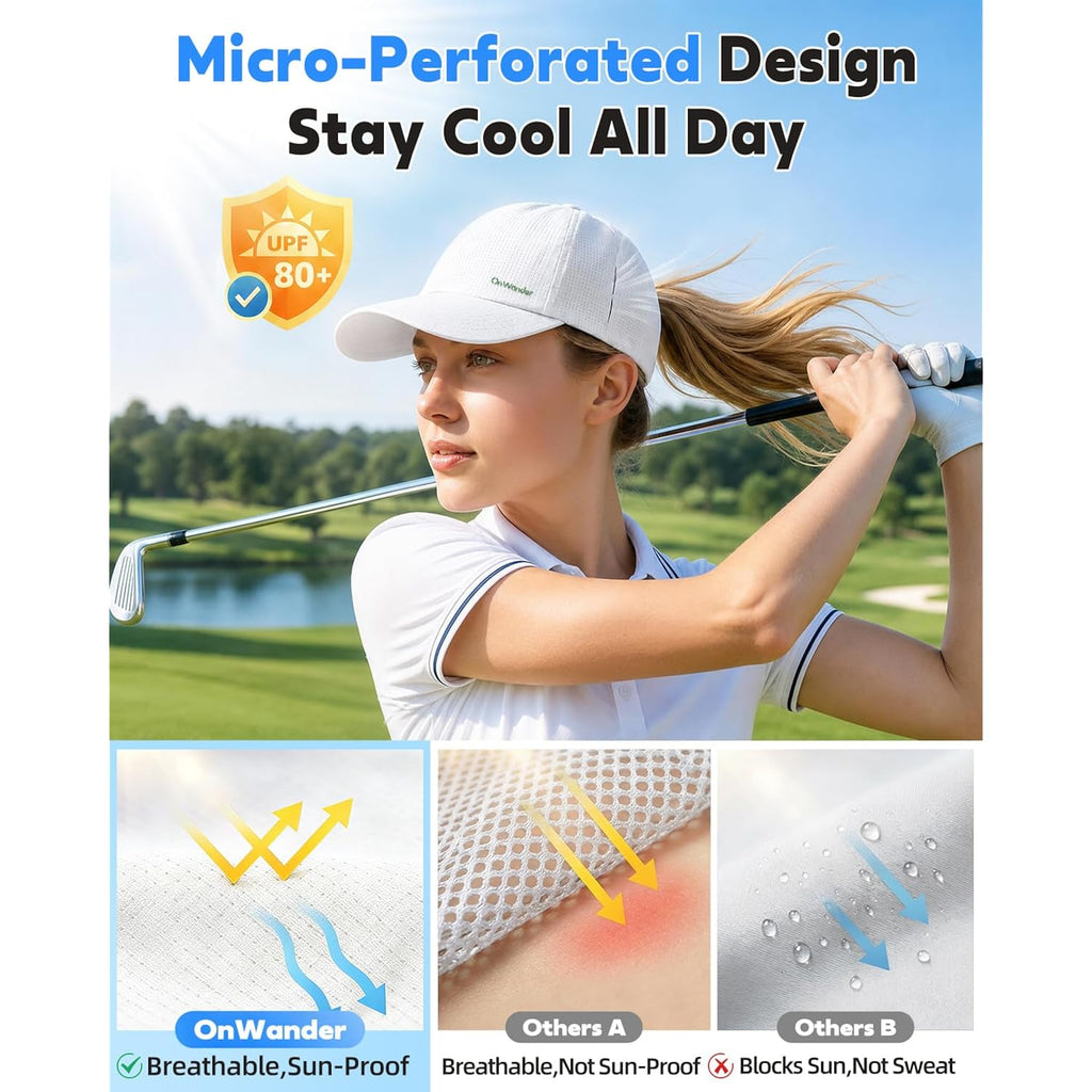 Lightweight Golf Hat for Women Men, UPF 80+ Sun Protection Cap, Breathable Quick-Dry Baseball Cap for Running Sport White