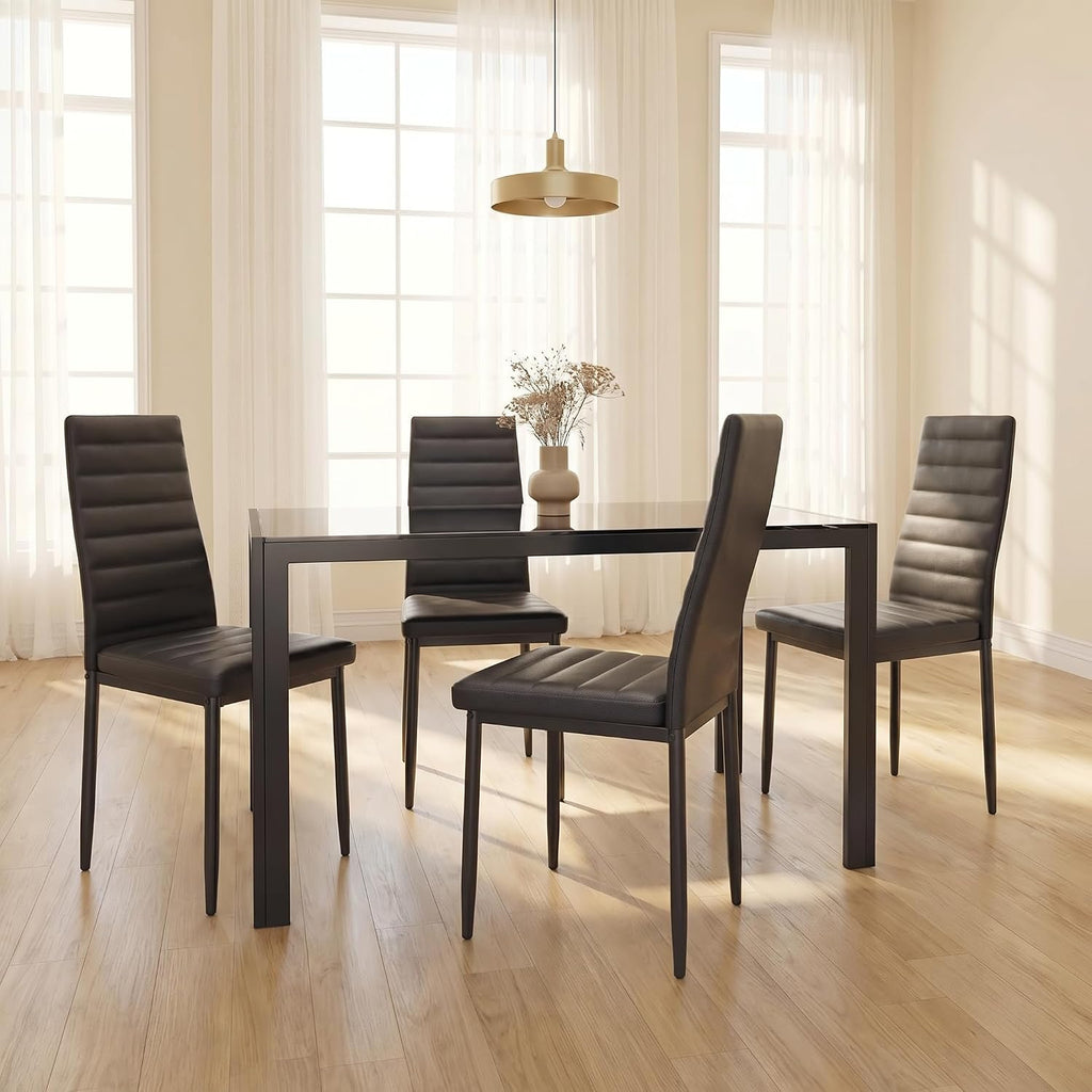 Gizoon 5 Piece Glass Dining Table Set, Kitchen And Chairs For 4, Pu Leather Modern Room Sets For Home, Kitchen, Living Room | Pu Leather Modern Room Sets,Small Dining Table Sets,Space Saving Table And Chairs Set For Home, Kitchen, Living Room