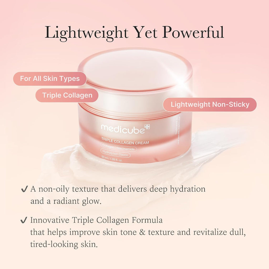 Medicube Triple Collagen Cream - Hydrating & Firming Moisturizer With Hyaluronic Acid, Premium Elastin, Shea Butter - Wrinkle Care & Boosts Elasticity - Korean Skincare, 1.69 Oz