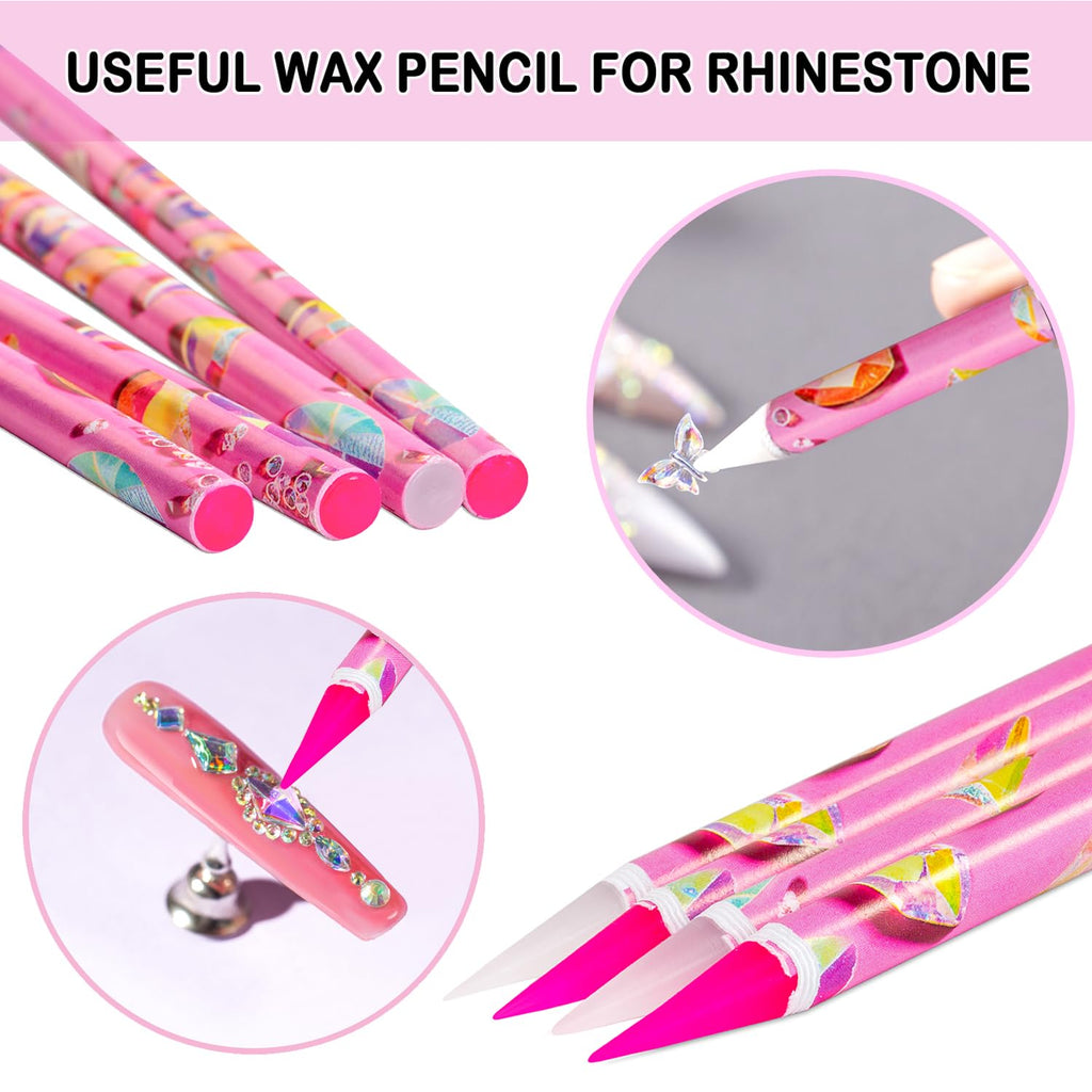 Haozher 8 Pcs Rhinestone Picker Tool Kit, Self-Adhesive Wax Pencil for Rhinestones and Diamond Painting, Gem Picker Tool Dotting Tools for Nail Art, 4 Wax Pen and 4 Rhinestone Trays rhinestone tools