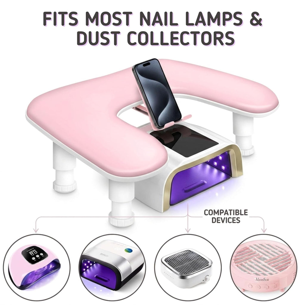 U Shaped Arm Rest for Nails Tech with Rotating Phone Holder - Adjustable Nail Arm Rest with Phone Holder - Detachable Manicure Hand Pillow for Salon or Home Use (Pink)