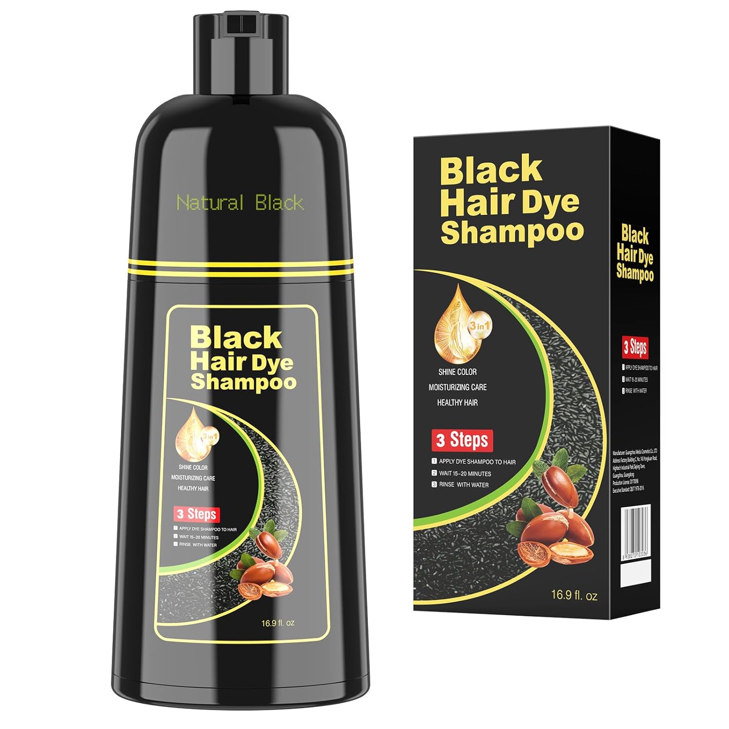 Black Hair Dye Shampoo for Woman & Man, Argan Hair Color Shampoo 3 in 1, Semi-Permanent Gray Hair Coverage, Mild Formula, Lasts 30 Days(16.90 oz)