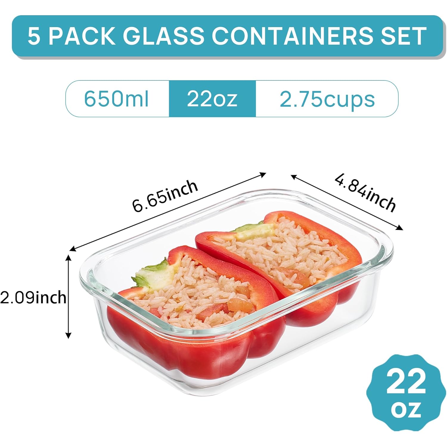 Vtopmart 5Pack 22oz Glass Storage Containers with Lids, Glass Meal Prep Food Container Sets with Snap Airtight Lids for Microwave, Oven, Freezer and Dishwasher, Grey