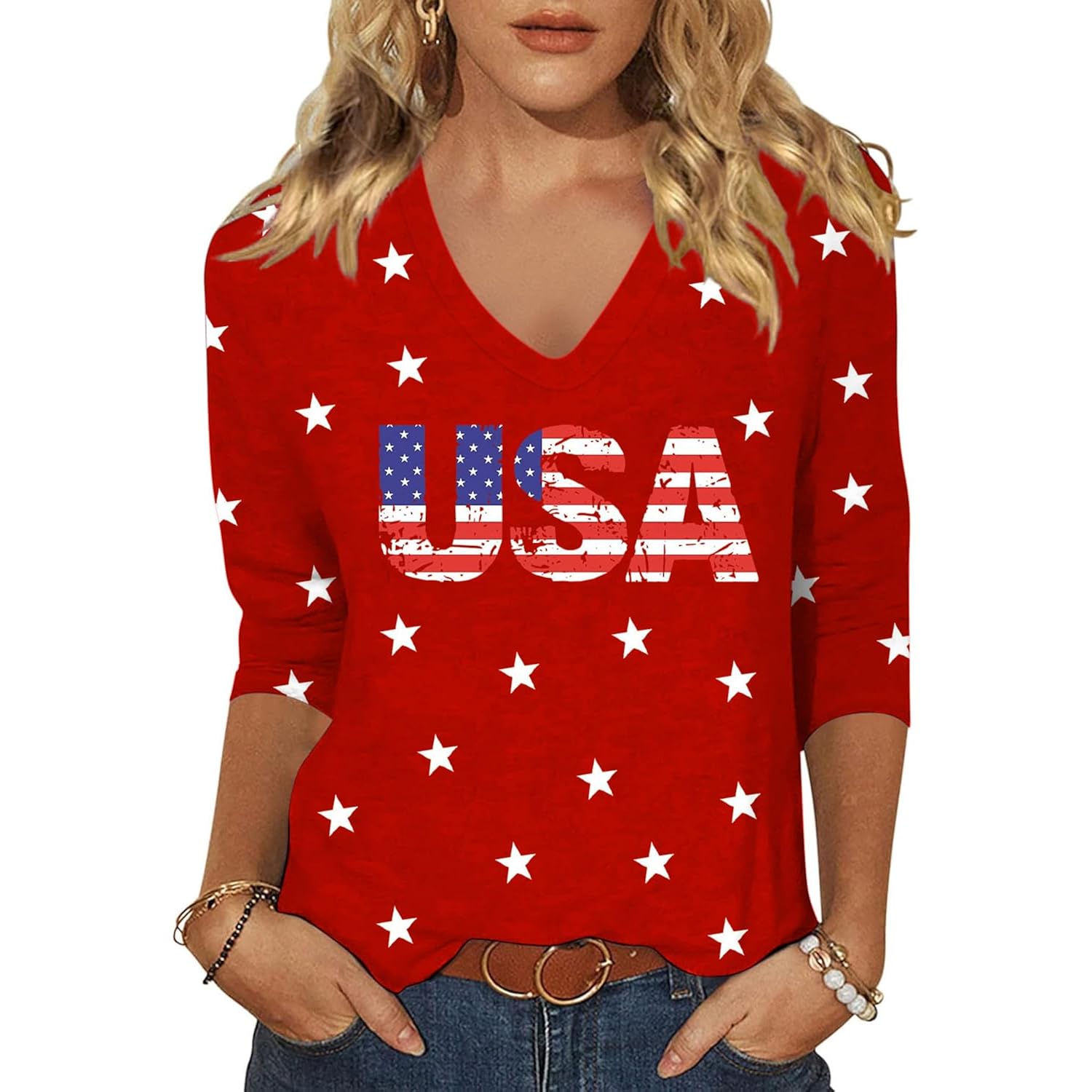 Vircreate Womens 3/4 Sleeve V Neck T-Shirts 4th of July Shirts American Flag Star Graphic Tee Tops